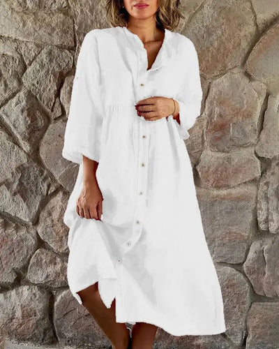 Spring Summer Women Cotton Linen Dress 2024 Fashion Loose Button Long Sleeve Shirt Dresses Solid Beach Party Pockets Dress Robe