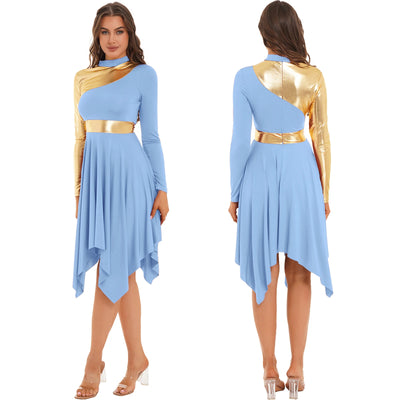 Women Worship Modern Lyrical Dance Costume Long Sleeve Asymmetrical Liturgical Dancewear Celebration Spirit Choir Ballroom Dress