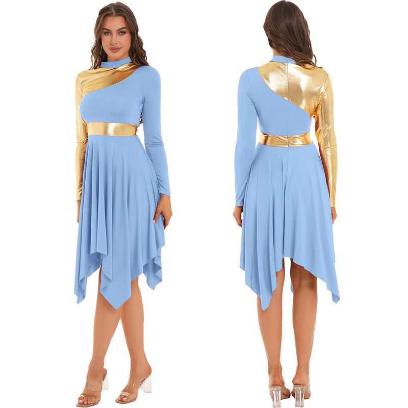 Women Worship Modern Lyrical Dance Costume Long Sleeve Asymmetrical Liturgical Dancewear Celebration Spirit Choir Ballroom Dress