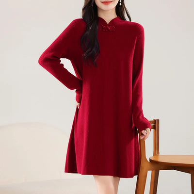 100% Merino Wool Women's Midi Dress, Buttoned, Elegant, Long Sleeves, Knitted, Crew Neck, Warm, Fall/Winter 2024, Clothing