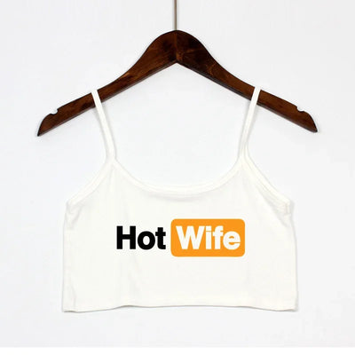 Fashion Women's Sexy Elastic Cotton Camis HOT WIFE Letters Print Female Sexy Crop Top Sleeveless Short Girls Tank Top Bar Women