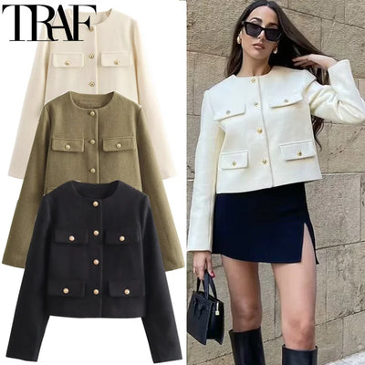 TRAF Woman Outerwears Autumn Long Sleeve Cropped Jacket For Women Winter Button Demi-Season Short Coats Elegant Women's Coat