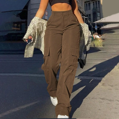 Women's Loose Cargo Pants High Waist Wide Leg Solid Color Full Length Trousers with Pockets Casual All Seasons Long Pants