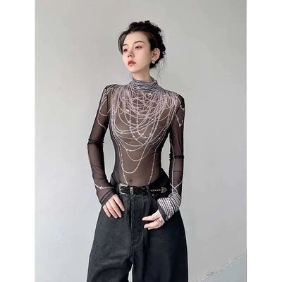 Graphic Long Sleeve T Shirts Women Gauze Transparent Slim Mesh Mock Neck Fashion Y2K Top Female Aesthetic Grunge Sexy Crop Tops