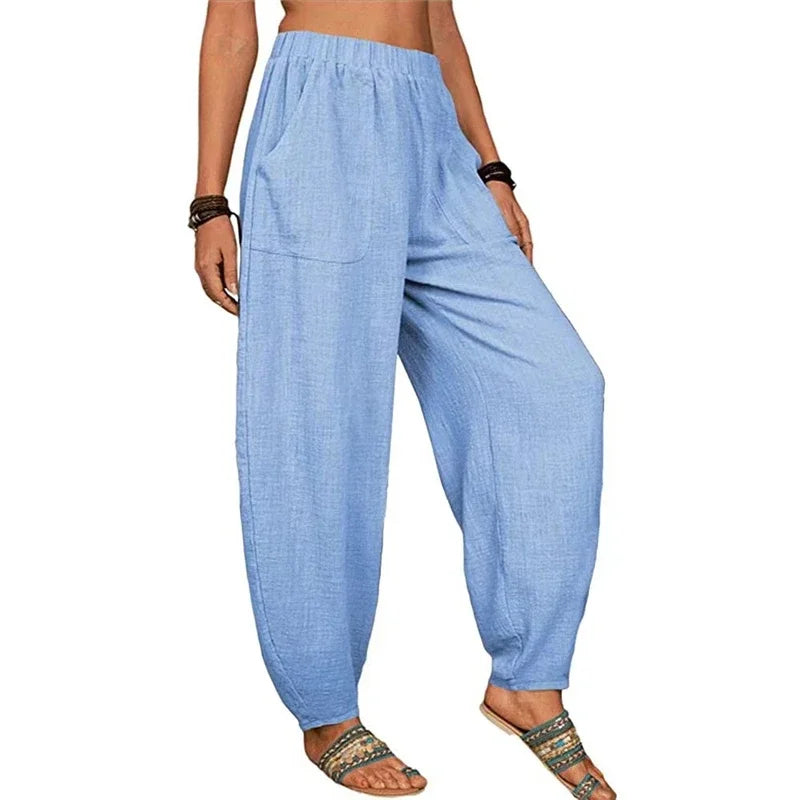 Women Vintage Clothes Solid Pockets Cotton Linen Baggy Beach Harem Pants Summer Casual Loose Trousers Pantalones De Mujer S-5XL