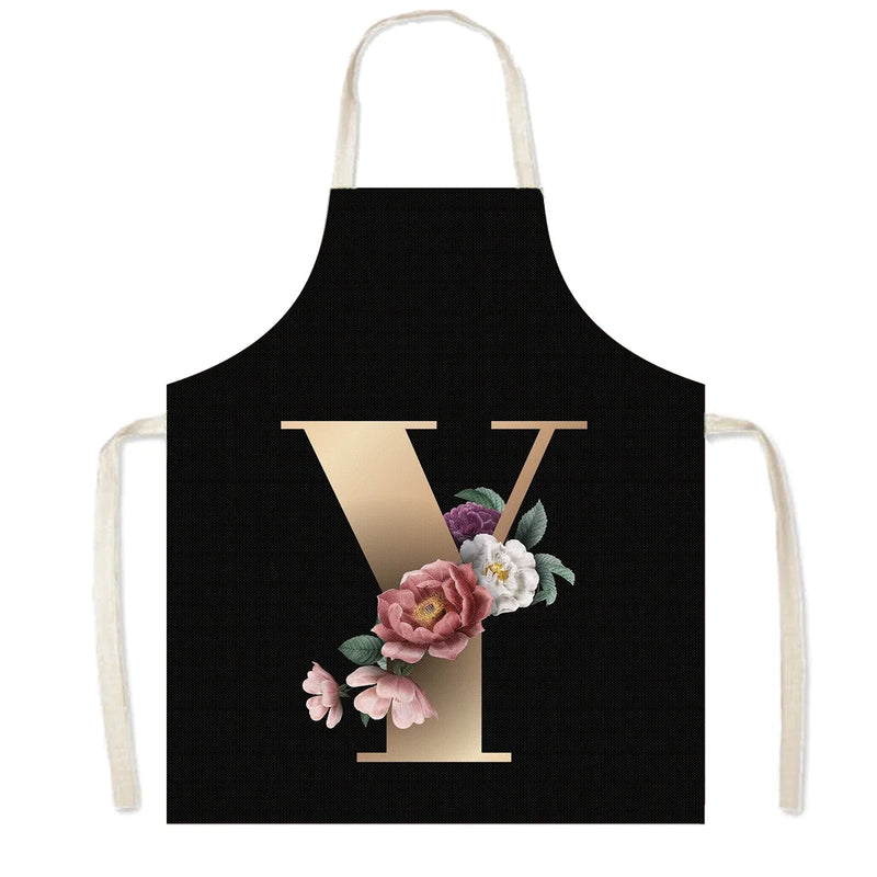 26 Initials Flower Print Kitchen Apron A-Z Letter Women Cooking Aprons BBQ Chef Waiter Home Baking Cleaning Tool Pinafore