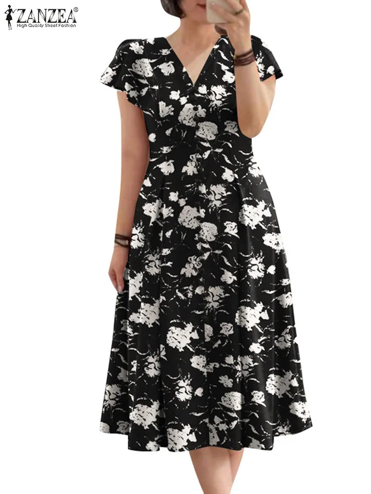 ZANZEA Fashion Floral Print Women Midi Dresses 2024 Summer Ruffle Sleeve V Neck A-line Vestido Casual Cinch Waist Party Sundress