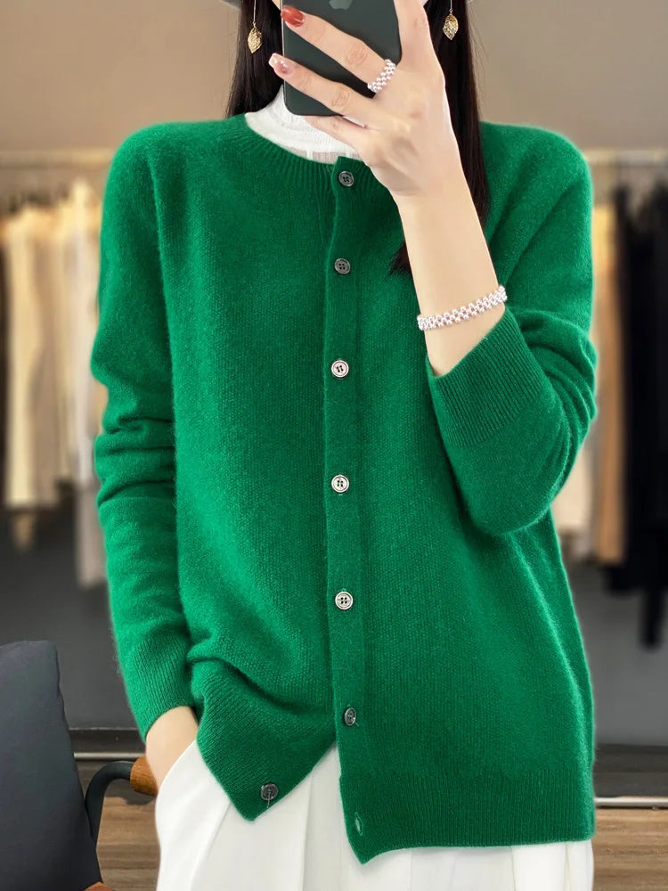 Autumn Winter Women 100% Merino Wool Sweater O-Neck Solid Color Cardigan Long Sleeve Clothing Cashmere Knitwear Bottoming Tops