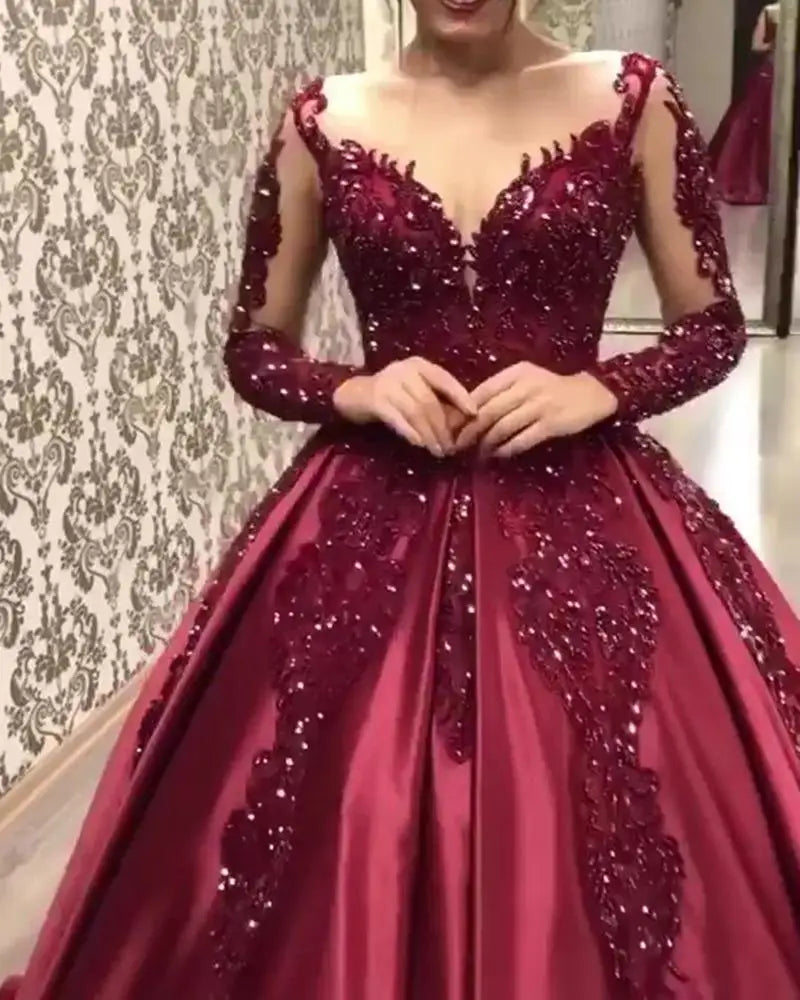 Wedding Dress Women V Neck Sexy Sequin Floral Floor Length A Line Dresses Full Sleeve High Waist Elegant Gown Vestidos