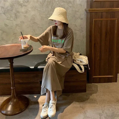 Street Casual Loose T Shirt Dress Summer New Short Sleeve Letter Printing Solid Color Midi Dress Fashion Trend Women Clothing