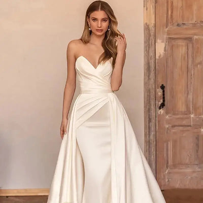 Customized 2 In 1 Detachable Train Wedding Dress 2023 Satin Sleeveless Simple Mermaid Princess Bride Gowns Vestido De Noiva