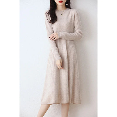 100% Merino Wool, Women's Autumn/Winter Dress, Elegant, Casual, Knitted, Top, Korean Style, Crew Neck, Warm