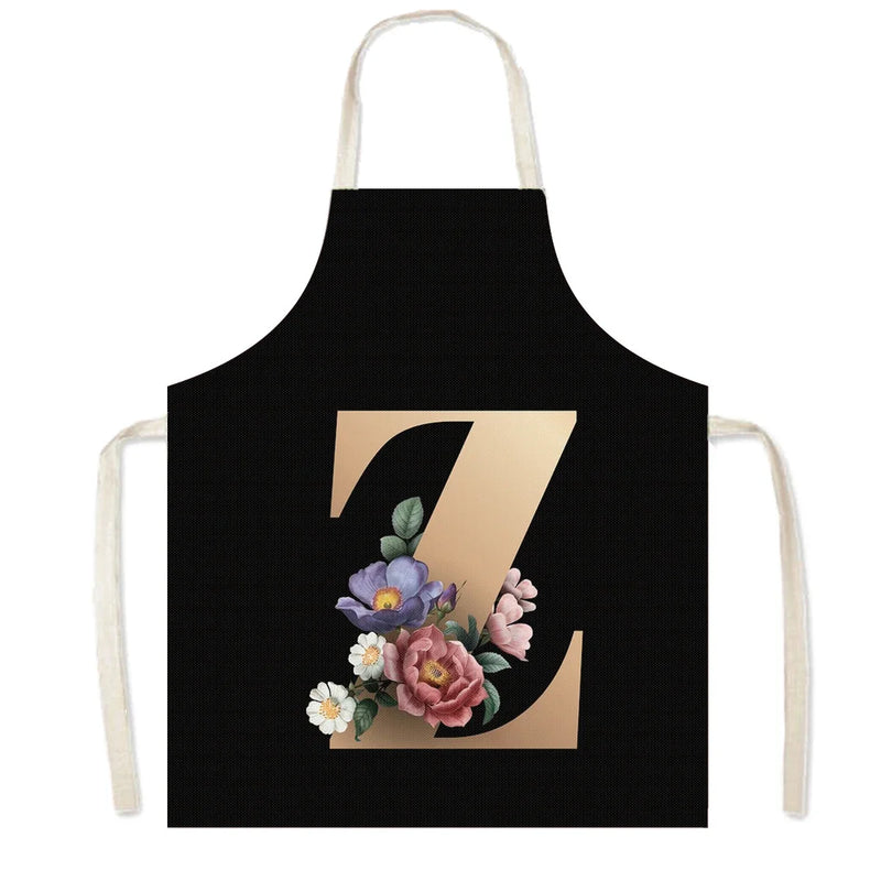 26 Initials Flower Print Kitchen Apron A-Z Letter Women Cooking Aprons BBQ Chef Waiter Home Baking Cleaning Tool Pinafore