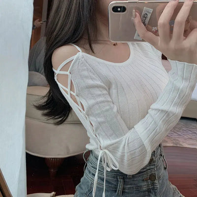 Bandage Long Sleeve Knitted Shirt Women's Off Shoulder Sexy Tops Slim Chic T-shirt Spring and Autumn Pullover Solid Y2k Sweater