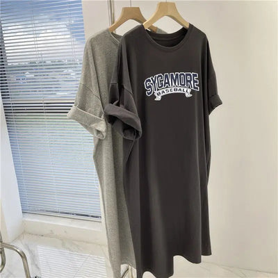 Summer Letter Printed Casual Loose Dress Wommen Clothing O-neck Chic Simple All-match Midi Dresses Pullover Cotton Tunic