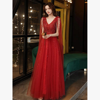 Luxury Sexy V-neck Ball Gown Wedding Evening Party Summer Dress French Red Sequined Bride Wedding Dress Women Formal vestidos