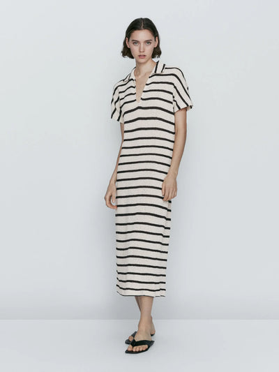 Ethereal MD 2024  massdutt winter new style of Cotton blend casual striped POLO neck long dress