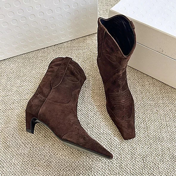 Embroidered Square Toe Cat Heel Western Cowboy Boots Woman Winter 2024 Slip-On Shaped Heel Slim Boots Fashion Shoes for Women