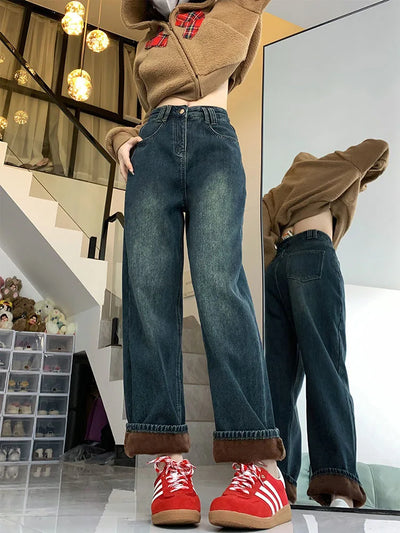 Winter Warm Women Jeans Fashion Slim Thicken Fleece Pants High Waist Elastic Skinny Velvet Plus Length Female Denim Trousers