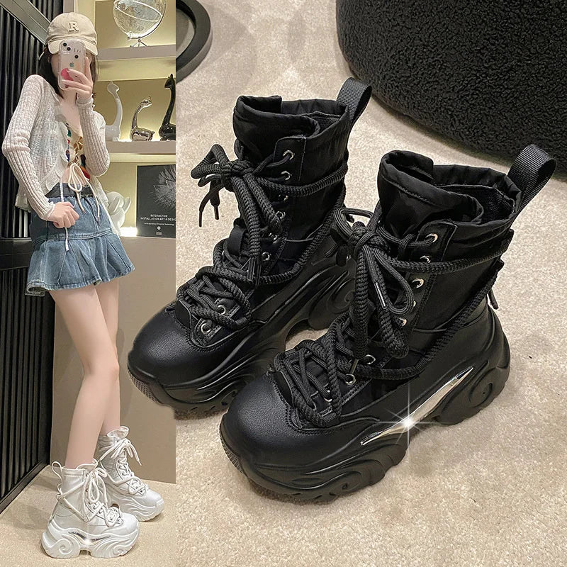 Women Ankle Boots Autumn Chunky Shoes Woman High Platform Breathable Sneakers Thick Sole Wedges Motorcycles Boots