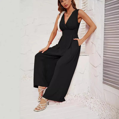 2025 Summer Women's Commuter Sleeveless Fashion V-neck Waist Sleeveless Jumpsuit