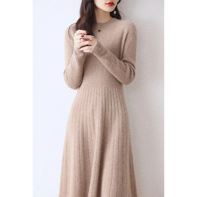 100% Merino Wool, Women's Autumn/Winter Dress, Elegant, Casual, Knitted, Top, Korean Style, Crew Neck, Warm