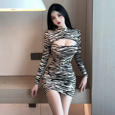 New Fashion Mature Elegant Charm Hollow Out Wrap Buttocks Dress Sexy Cut-out Slim Zebra Pattern Buttock Dress For Women W7TR