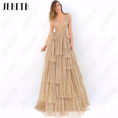 JEHETH Glitter Champagne Prom Gown Tiered Evening Dresses Luxury Sparkly Tulle Bespoke Occasion Dress Customized فساتين سهرة