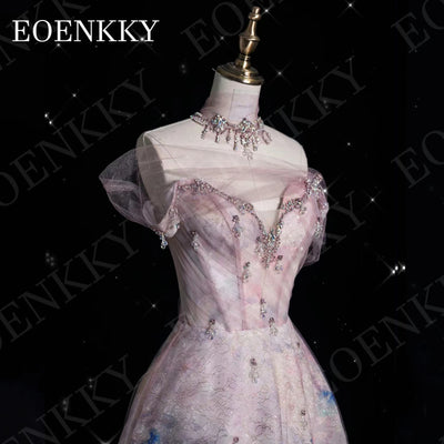 EOENKKY Prom Dresses 2024 Luxury Gown Dubai A Line Crystal Tulle Graduation Dress with Detachable Train Strapless V Neck Woman