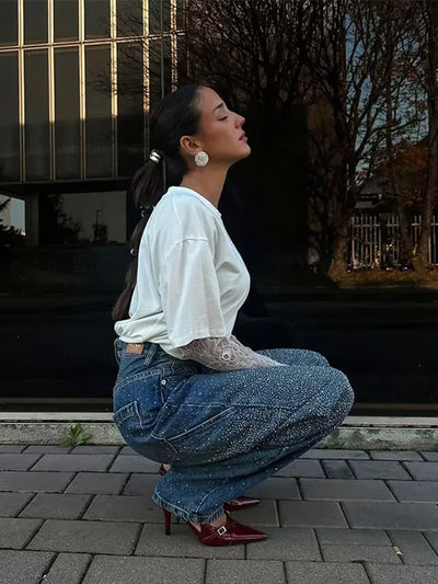 Gradient Blue Women Jeans With Rhinestone Casual High Wait Wide Legs Pockets Denim Pant 2025 Spring Chic Street Trousers Lady