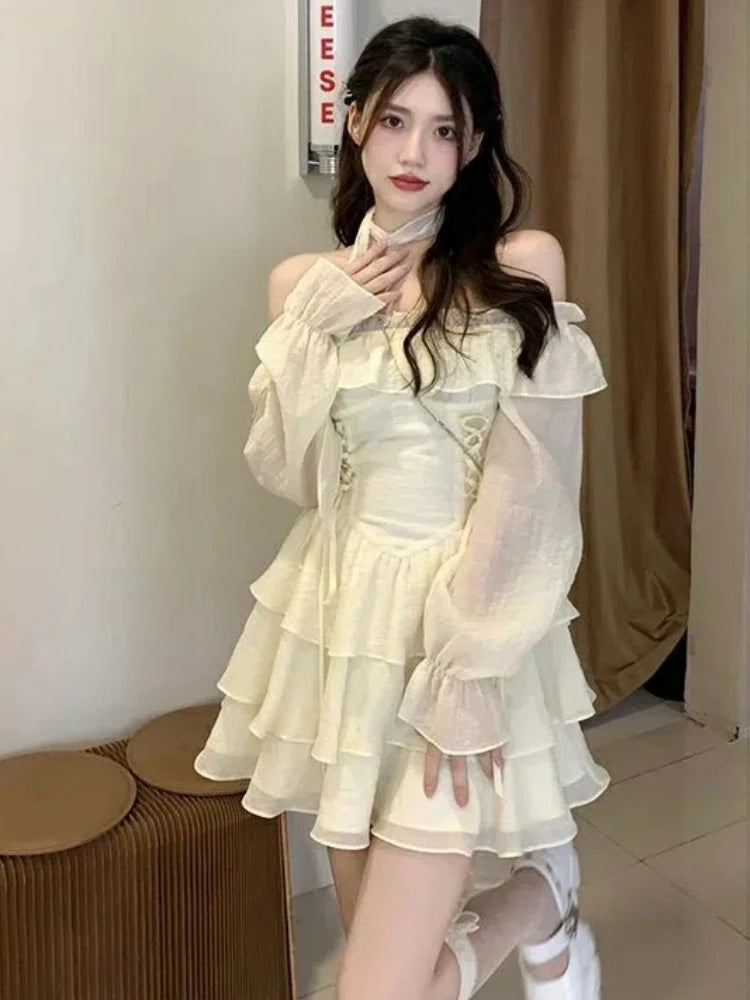 Mini Dresses Women Slash Neck Clothes Aesthetics Korean Fashion Slim Hotsweet Ruffles Princess Girlish High Waisted Chic Kawaii