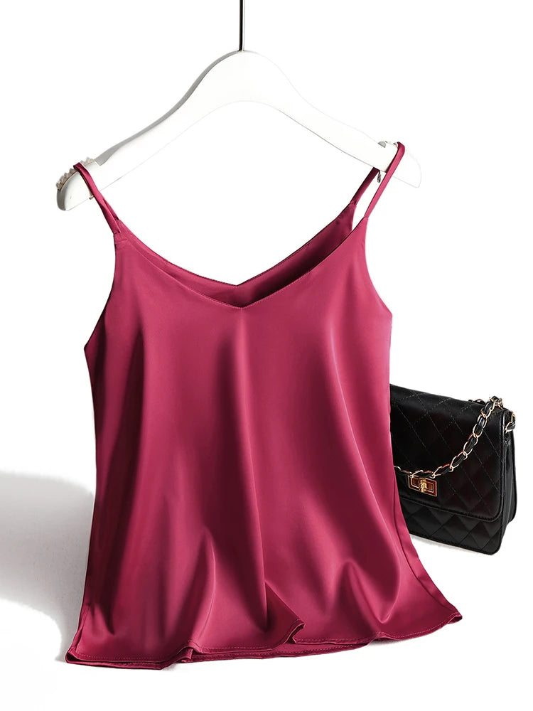 Spaghetti Strap Top Women Halter V Neck Basic White Cami Sleeveless Satin Silk Tank Tops Women&