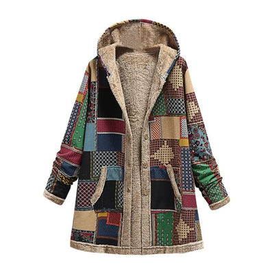 2023 Winter Vintage Women Coat Warm Printing Thick Fleece Hooded Long Jacket with Pocket Outwear Loose Jackets шерстяное пальто