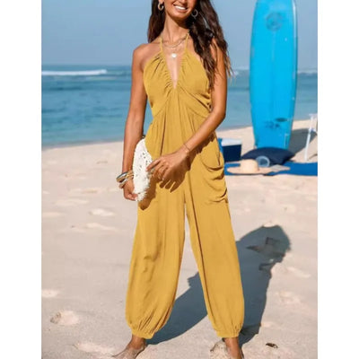 Women's Sexy Deep V-neck Pleated Jumpsuits 2025 New Summer Fashion Solid Color Pockets Halter Neck Backless Foot Binding outfits