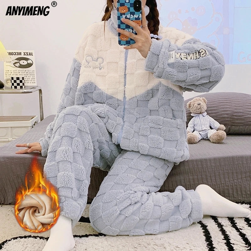 Winter Flannel Women Pajamas Zipper Lapel High-neck Sleepwear Sleepwear Thick Fluffy Loungewear Cardigan Pijamas sporty Homewear