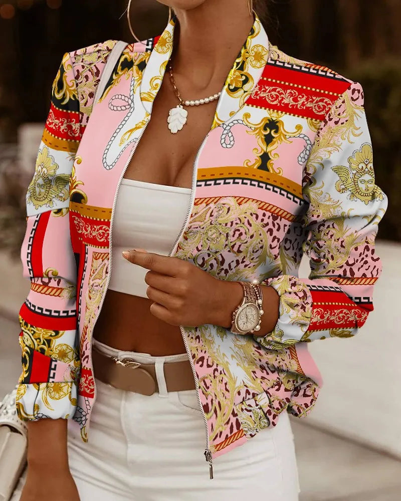 Women Autumn Retro Floral Print Jackets Spring Summer Long Sleeve Zipper Print Jacket Casual Pocket Slim Female Bomber Outwears