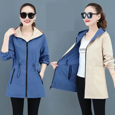 New Autumn Women's Jacket Double-sided Windbreaker Female Long Sleeve Jackets Hooded Casual Basic Coat Loose Outerwear 4XL