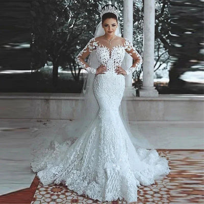 BIAOFEI Customized  Lace Bridal Gowns Mermaid Women's Fashion Illusion Decal Long Sleeve Wedding Dress  Vestidos De Mujer