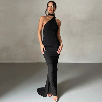 2023 New Fashion Elegant Maxi Dress for Women Sexy One Shoulder Bodycon Slim Pleated Solid Backless Dresses Party Club Clothes