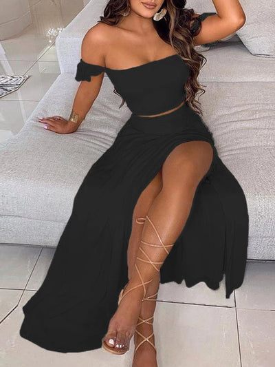 2-Piece Boho Chic Ensemble Off-Shoulder Smocked Tube Top&Floral High-Waist Split Maxi Skirt Summer Women Casual Wear Dress Sets