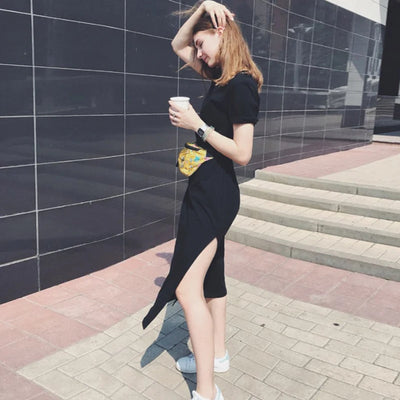 Summer Korean Style Midi Dress Women Casual Black Long Dresses Short Sleeve Sexy Plus Size Side Open Party Maxi T Shirt Dress