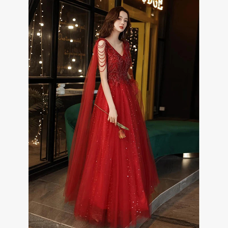 Luxury Sexy V-neck Ball Gown Wedding Evening Party Summer Dress French Red Sequined Bride Wedding Dress Women Formal vestidos