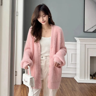 Imitation Mink Fur V-neck Lazy Style Knitted Cardigan Lantern Sleeve Sweater Women's New Pocket Jacket