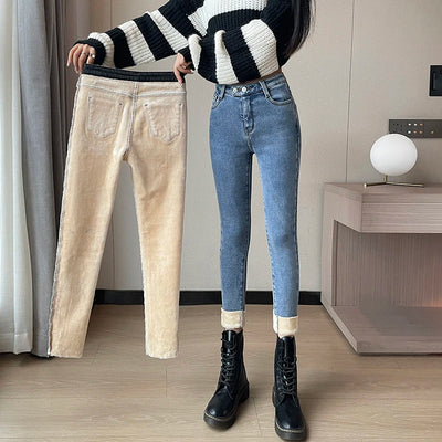 ZOENOVA 2024 Winter Thick Velvet Women Jeans High Waist Skinny Jeans Simple Fleece Warm Slim Stretch Casual Denim Pencil Pants