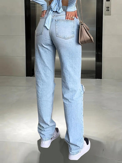 Women's Knee-Slit Relaxed Jeans – Loose Straight Leg with Stretchy Comfort