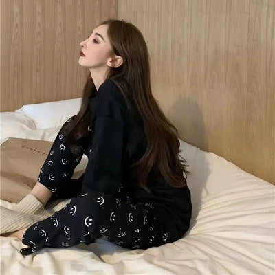 Fall and Winter Pajamas Female Two-Piece Suit Long-Sleeved Smiley Students Sleepwear Loungewear Ladies Nightwear Homewear