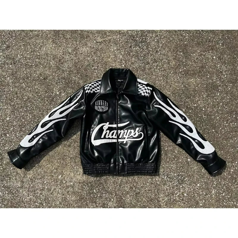 American New Gothic PU Letters Geometric Loose Baseball Uniform Jacket Women Y2K Harajuku Retro Hip-hop Rock Couple Casual Coats