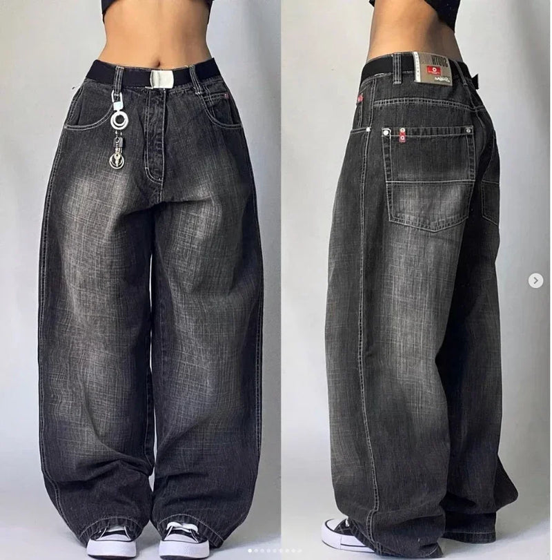 New Retro American Street Hip-hop Loose Jeans Female Y2K Harajuku High Waist Wide Leg Pants Gothic Wide Pants Street Pants Male