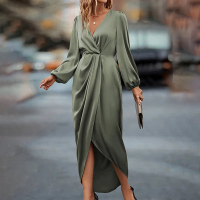 Women Maxi Satin Dress Solid Draped Dress Silk V-Neck Satin Long Sleeve Evening Party Office Lady  Midi Dresses Sexy Chic Robes