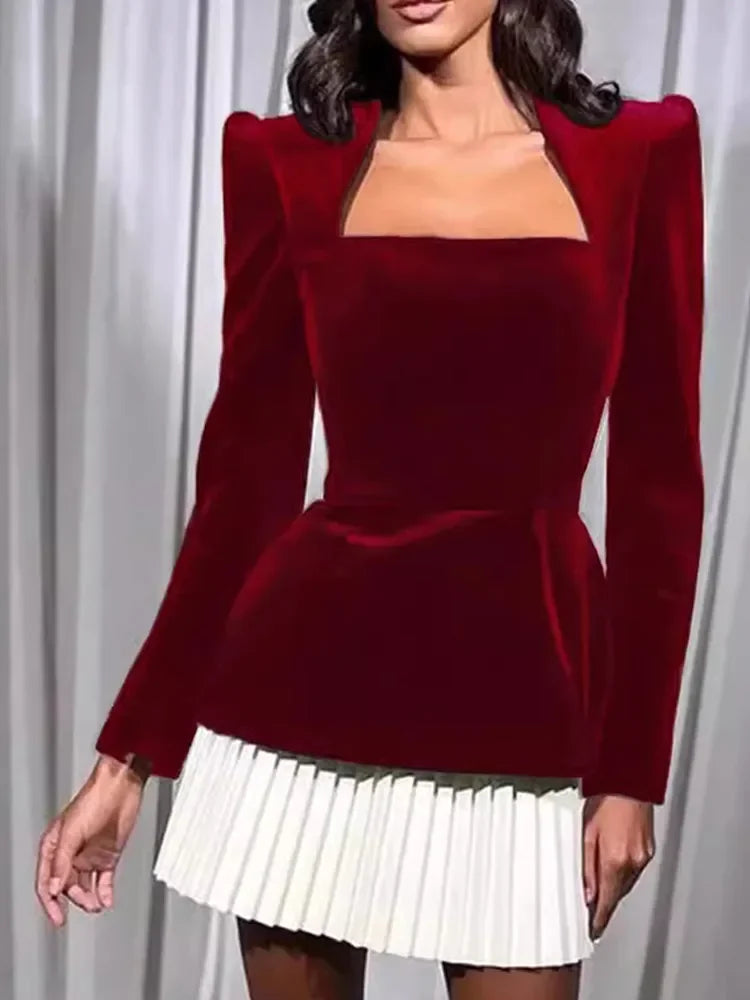 Elegant Red Velvet Pleated Hem Spliced Mini Dress Women Square Neck Long Sleeve High Waist Gowns 2024 Christmas Party Dresses